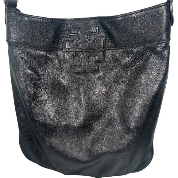 Tory Burch Black Stacked T Book Bag Pebbled Leather Crossbody - Picture 3 of 16